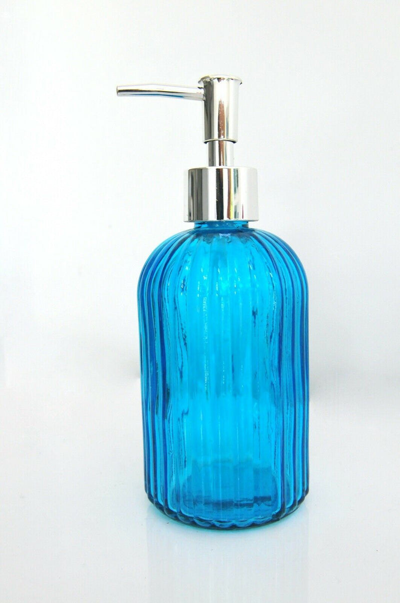400ml Ribbed Glass Lotion Liquid Soap Dispenser for Bathroom Kitchen Blue Colour