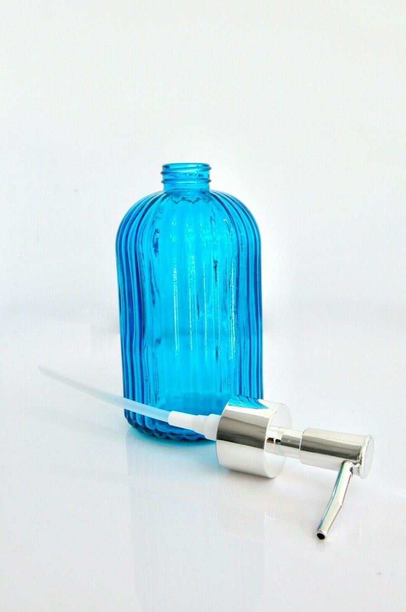 400ml Ribbed Glass Lotion Liquid Soap Dispenser for Bathroom Kitchen Blue Colour